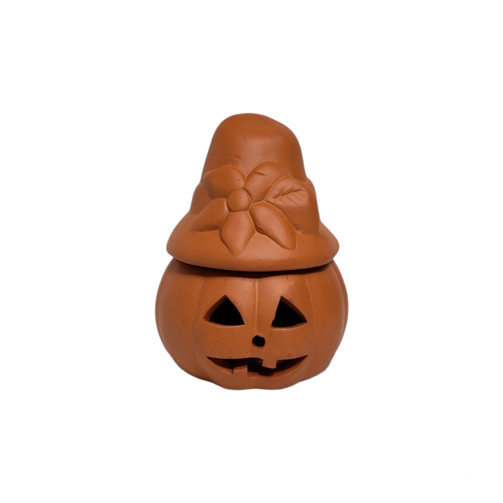 Vintage Terracotta Jack O Lantern Pumpkin Candle Holder With Lid 5"H - Picture 14 of 14
